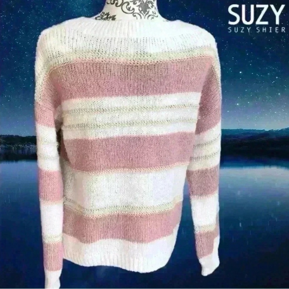 Suzy Shier Pink and White Striped Crew Neck Sweater - Picture 4 of 9